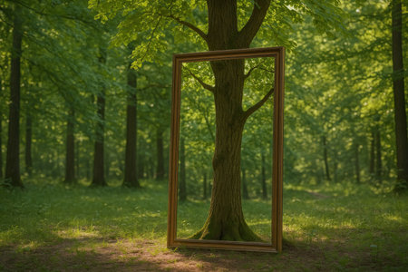 Painting standing in front of a tree in a green forestの素材