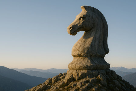 A stone chess knight piece on top of a mountain. Space for textの素材