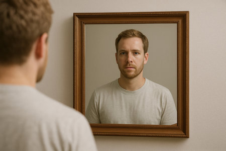 A person looks at himself in the mirror with a neutral facial expressionの素材