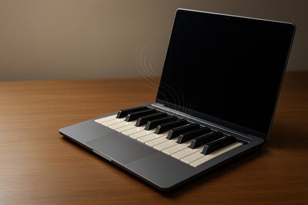 Laptop with piano keys on a wooden tableの素材