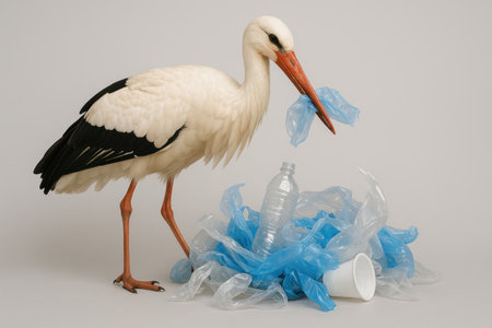 A stork among plastic garbage, a symbol of an environmental problem. Space for textの素材