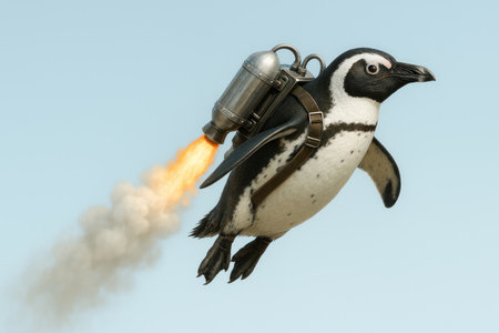 A penguin with a jetpack flies in the sky. Space for textの素材
