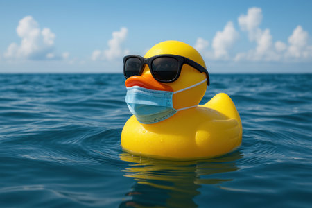 A rubber duck in a mask and sunglasses swims in the seaの素材