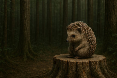 A hedgehog sitting on a stump in a dark forest. Space for textの素材
