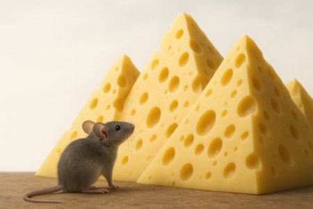 A mouse looks at mountains of cheese. Space for textの素材