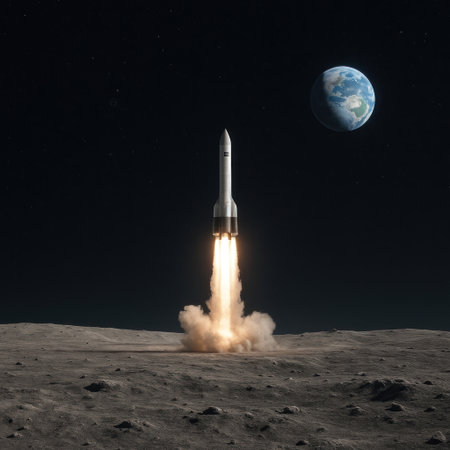 A space rocket is launched from the surface of the Moon against the background of the Earthの素材
