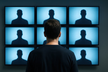 The man looks at many screens with shadowsの素材