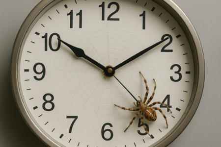 A spider weaves a web on the dial of a watchの素材