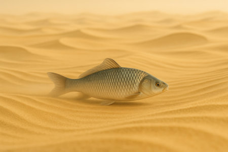 The fish lies on the sand in the middle of the desertの素材