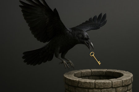 A black crow with a golden key in its beak flies over the wellの素材