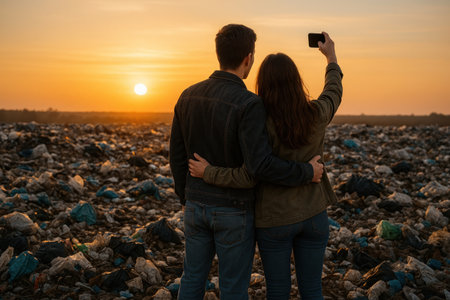 A couple takes a selfie in front of a garbage dump at sunsetの素材