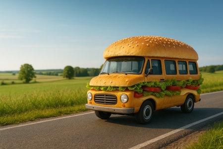 A van in the form of a giant hamburger is driving along a country roadの素材