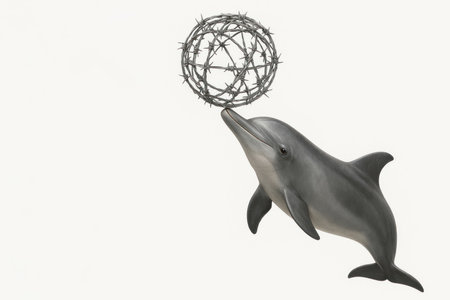 A dolphin juggles a ball of barbed wire. Space for textの素材