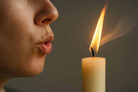 A man blows out the flame of a candleの素材
