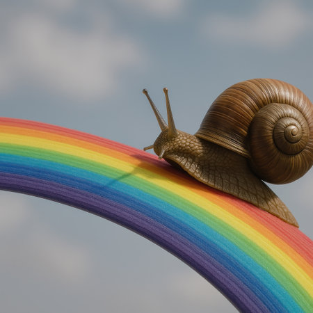 A snail slowly crawls along the rainbow against the skyの素材