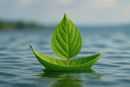A green leaf in the shape of a boat floats on the waterの素材