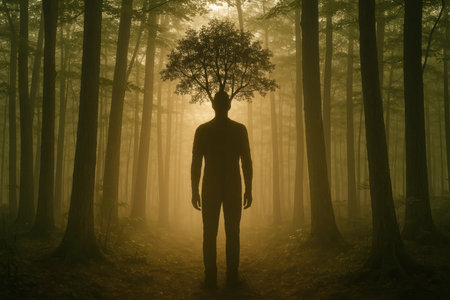 Silhouette of a man with a tree growing from his head in the fog of the forestの素材