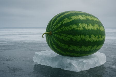 The watermelon lies on a piece of ice in the middle of a frozen lakeの素材