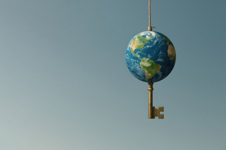 Planet Earth is suspended from a golden key on a rope. Space for textの素材