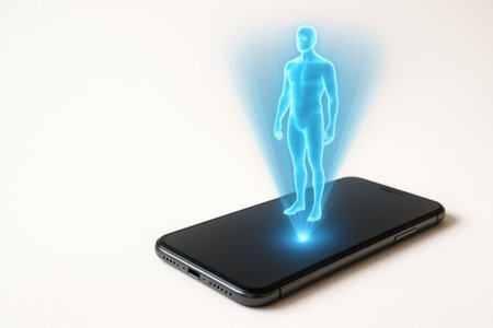 A blue hologram of a person above a smartphone. Space for textの素材