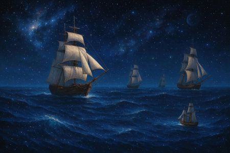 Ships under the starry sky sail through the dark ocean. Space for textの素材