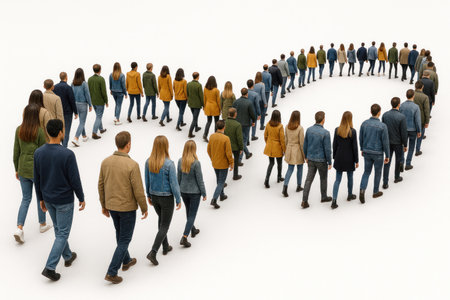 A crowd of people walks along the infinity symbolの素材