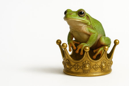 A green frog sits on a golden crown. Space for textの素材