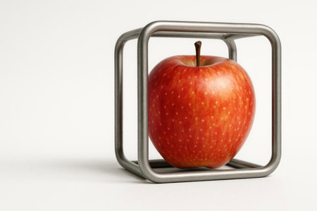 A red apple inside a metal cube, a symbol of control and nature. Space for textの素材