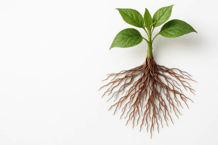A green plant with roots made of wires, a symbol of the connection between nature and technology. Space for textの素材
