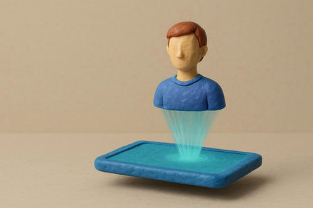 Hologram of a person's avatar above a plasticine tablet. Space for textの素材