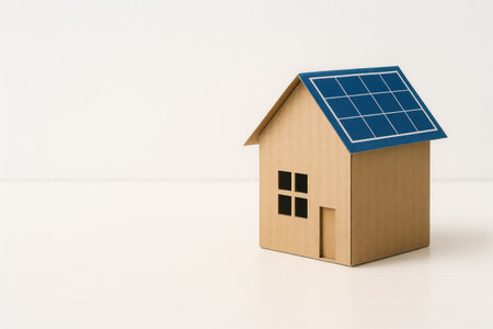 Paper house with solar panel on the roof. Space for textの素材