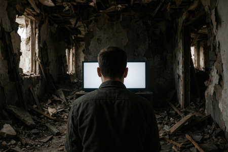 A man sits in front of a screen in a ruined room among the ruinsの素材