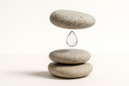 The balance of stones and a drop of water, a symbol of harmony and balance. Space for textの素材