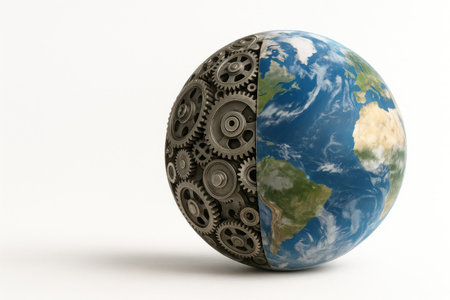 The hemisphere of the Earth with gears inside, a symbol of the technological world. Space for textの素材