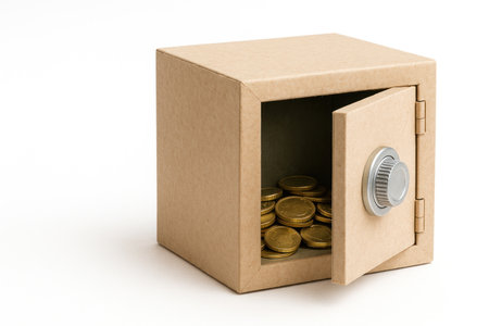 Paper safe with gold coins. Space for textの素材