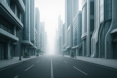 An empty street of a futuristic city in the fogの素材