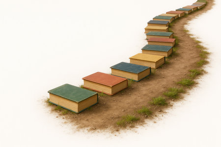 The path of knowledge, laid out from books on a white background. Space for textの素材