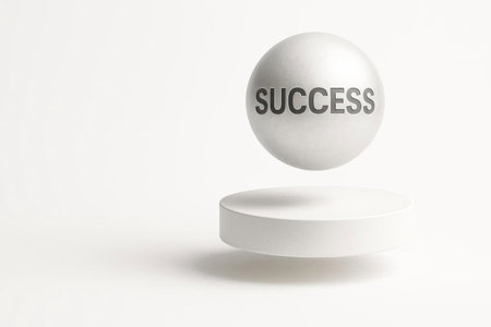 A white ball with the inscription success, hovering above the platform. Space for textの素材