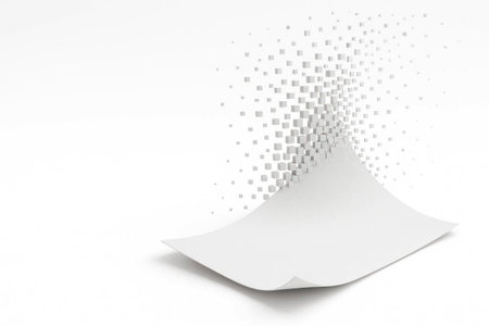 A sheet of paper that breaks up into cubes, the transition from analog to digital. Space for textの素材