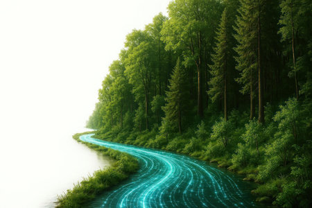 A digital river in the middle of a green forest, a combination of technology and nature. Space for textの素材