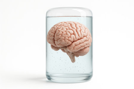 A human brain in a glass flask with a clear liquidの素材