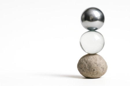 A balancing composition of stone, glass and metal balls. Space for textの素材