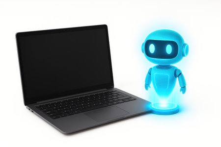 A holographic robot appears next to the laptop. Space for textの素材