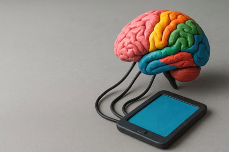 The brain, connected by wires to the tablet, is made of plasticine. Space for textの素材