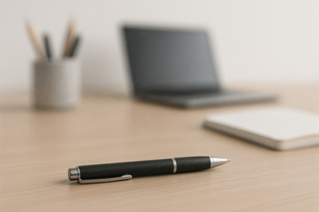 Pen on wooden table with blurred laptop in the background. Space for textの素材