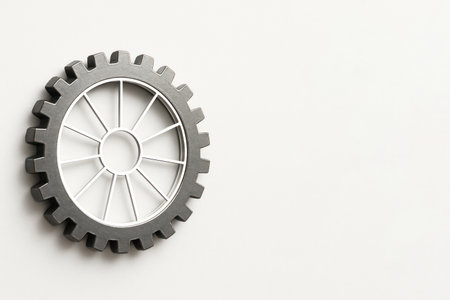 Metal gear with white inner spokes on a light background. Space for textの素材