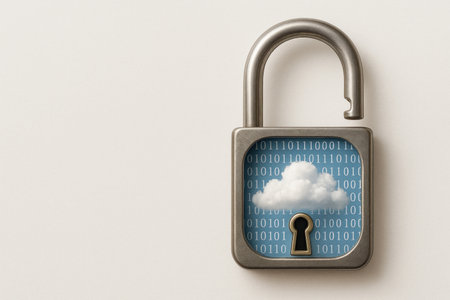 A lock with a cloud and a binary code inside. Space for textの素材