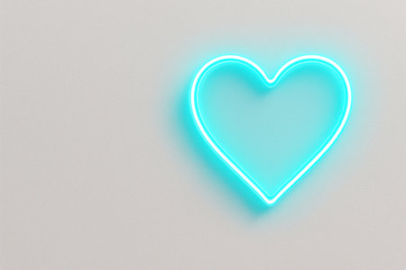 Neon blue heart on light background. Space for textの素材