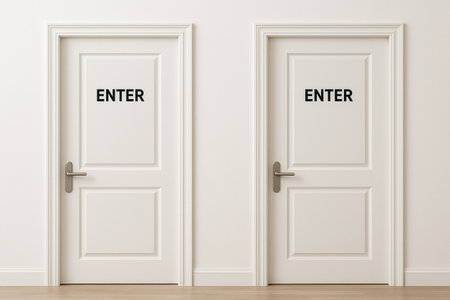 Two doors identical with ENTER written on a white wallの素材