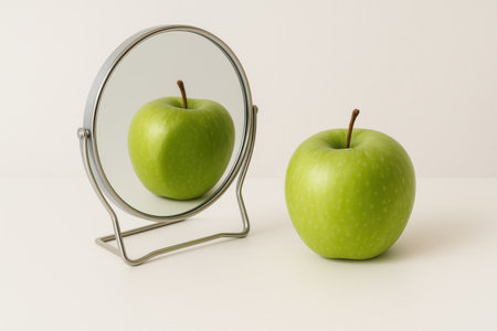 A green apple in front of a mirror with a reflection. Space for textの素材